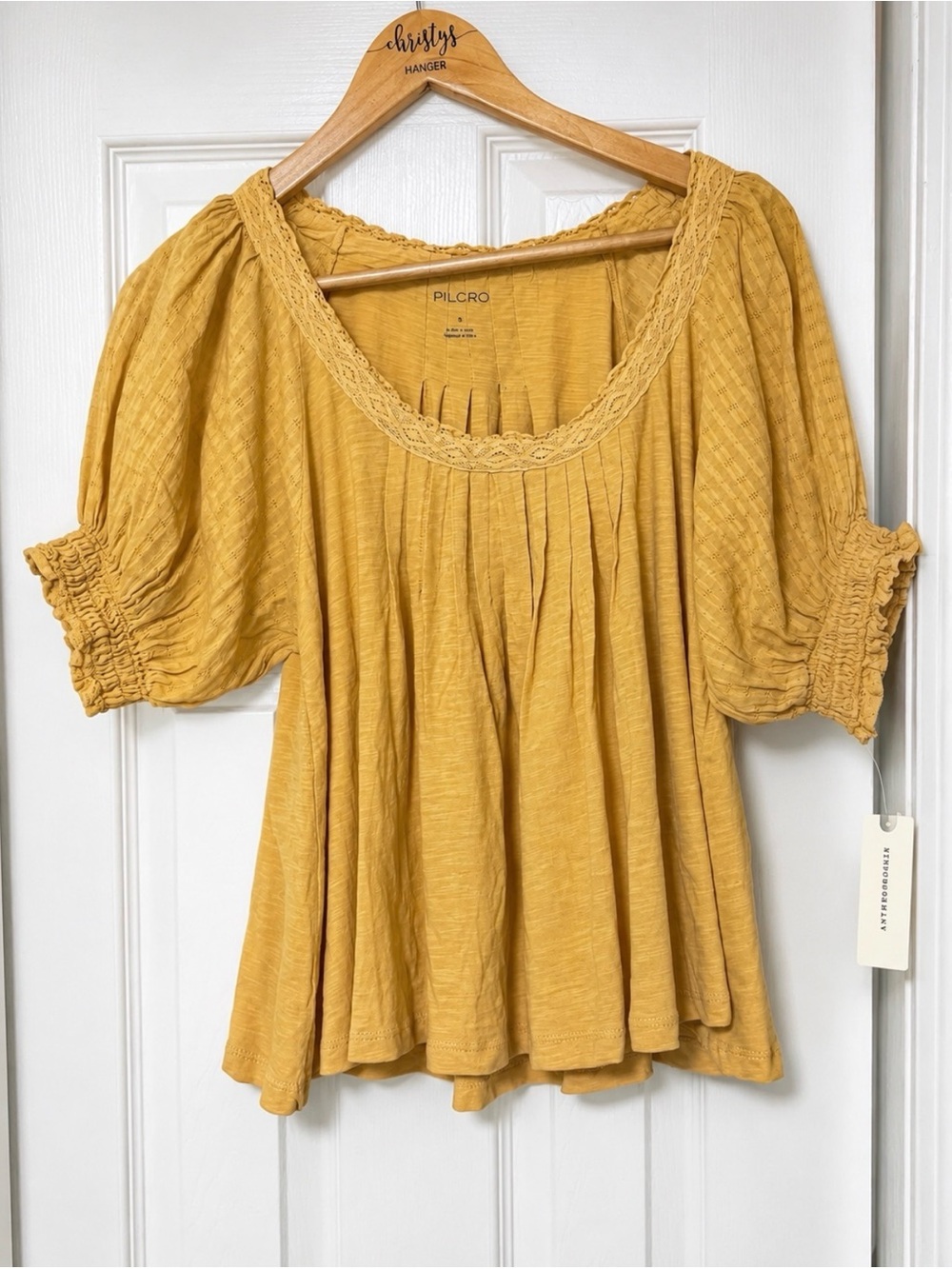 Anthropologie Pilcro Mustard Puff Sleeve Lace Peasant Top NWT S